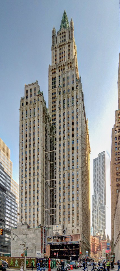 The view from Church Street, showing the light court between the two wings of the 30-story base. An 80-story hotel/residential tower (30 Park Place) is planned for the construction site in the foreground.
