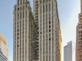 The view from Church Street, showing the light court between the two wings of the 30-story base. An 80-story hotel/residential tower (30 Park Place) is planned for the construction site in the foreground.