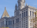 Viewed from City Hall Park, to the southwest. The copper pyramid at left is the Thurgood Marshall U.S. Courthouse.