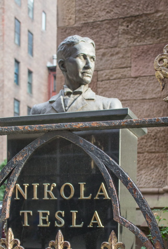 Nikola Tesla's bust, erected in front of the Serbian Orthodox Cathedral Church of St. Sava on W27th Street.